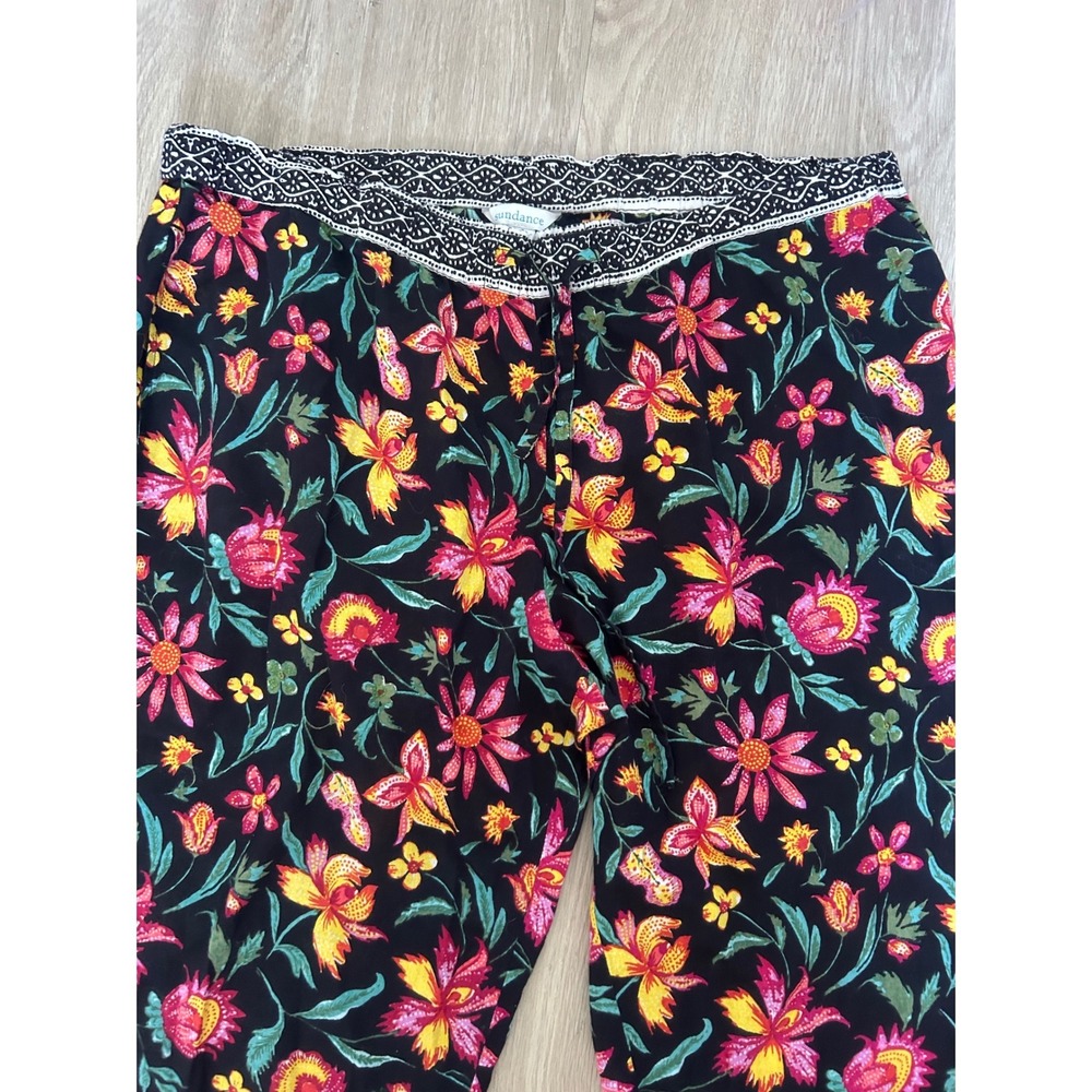 Sundance Womens Floral Cotton Crop Pants Black Pink Yellow‎ Boho Elastic Waist L - Picture 8 of 13